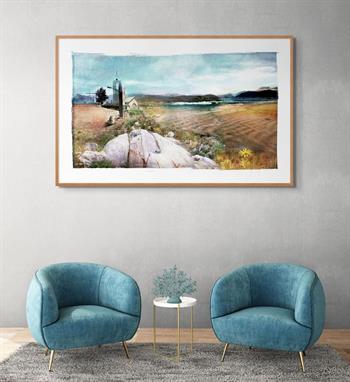 large picture on paper depicting an isolated house with mountains in the distance