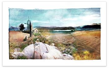 large picture on paper depicting an isolated house with mountains in the distance