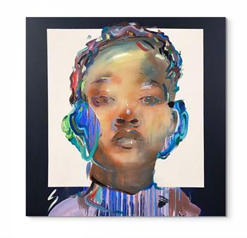 large portrait painting of a young African woman wearing a polo neck top