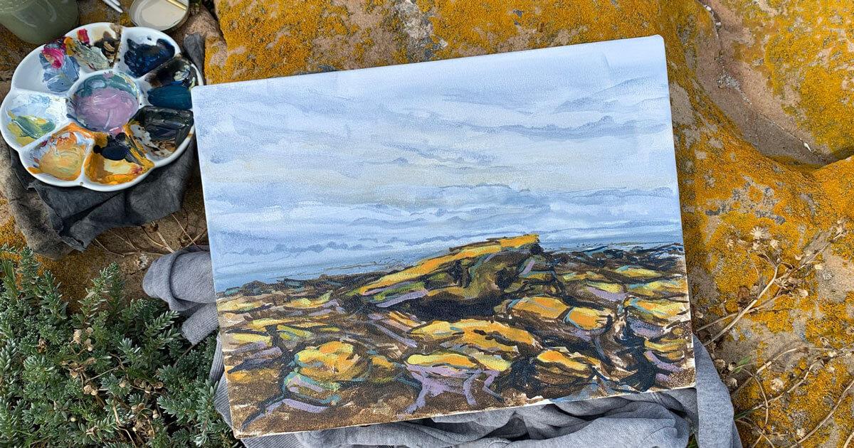 Kristen McClarty's painting of the yellow rocks in progress