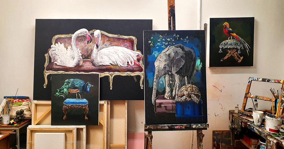 Grace Kotze's studio with 4 paintings displayed.