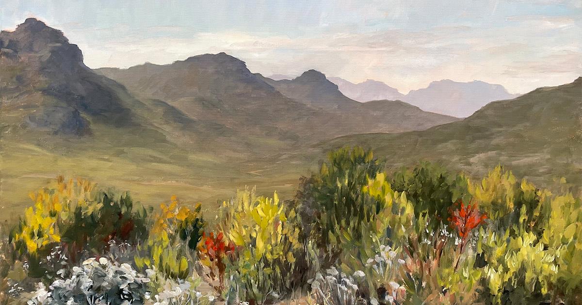 Painting of Silvermine, with mountains in the background and fynbos in the foreground, by Joanna Lee Miller.
