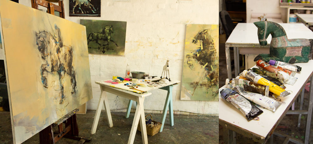 Pascale Chandler's horse paintings and paint in her studio